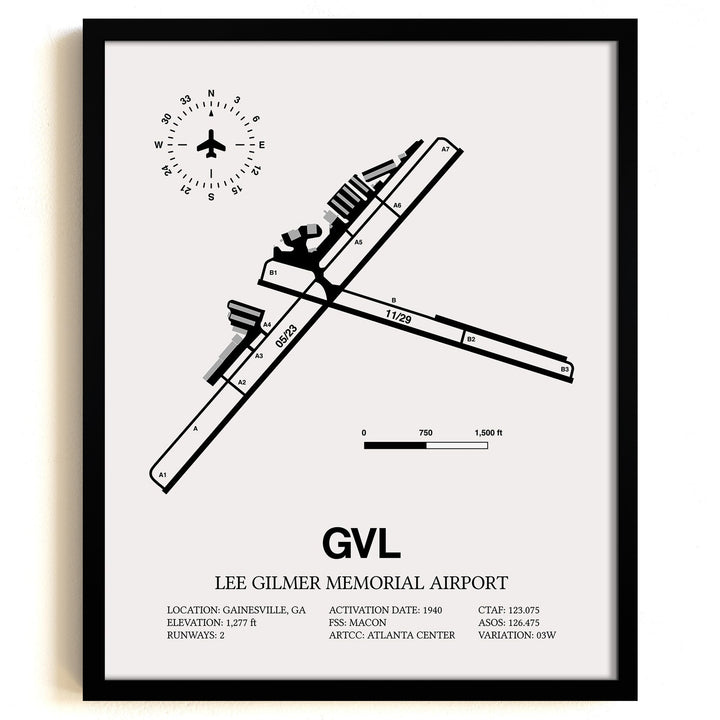 Framed Detailed Airport Map of Lee Gilmer Memorial Airport (GVL) in White with a Black Frame