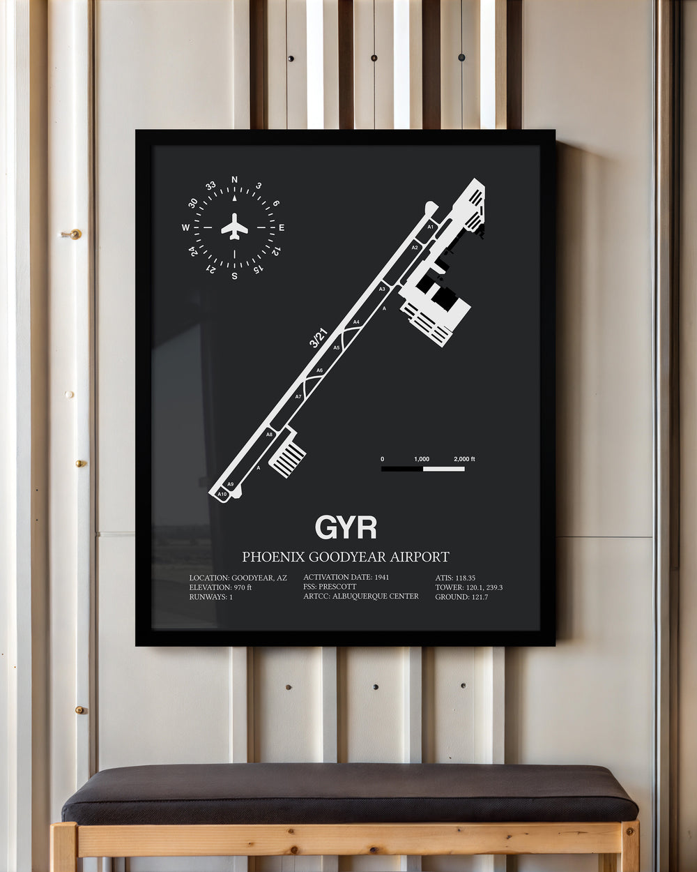 Framed Detailed Airport Map of Phoenix Goodyear Airport (GYR) in Gray with a Black Frame