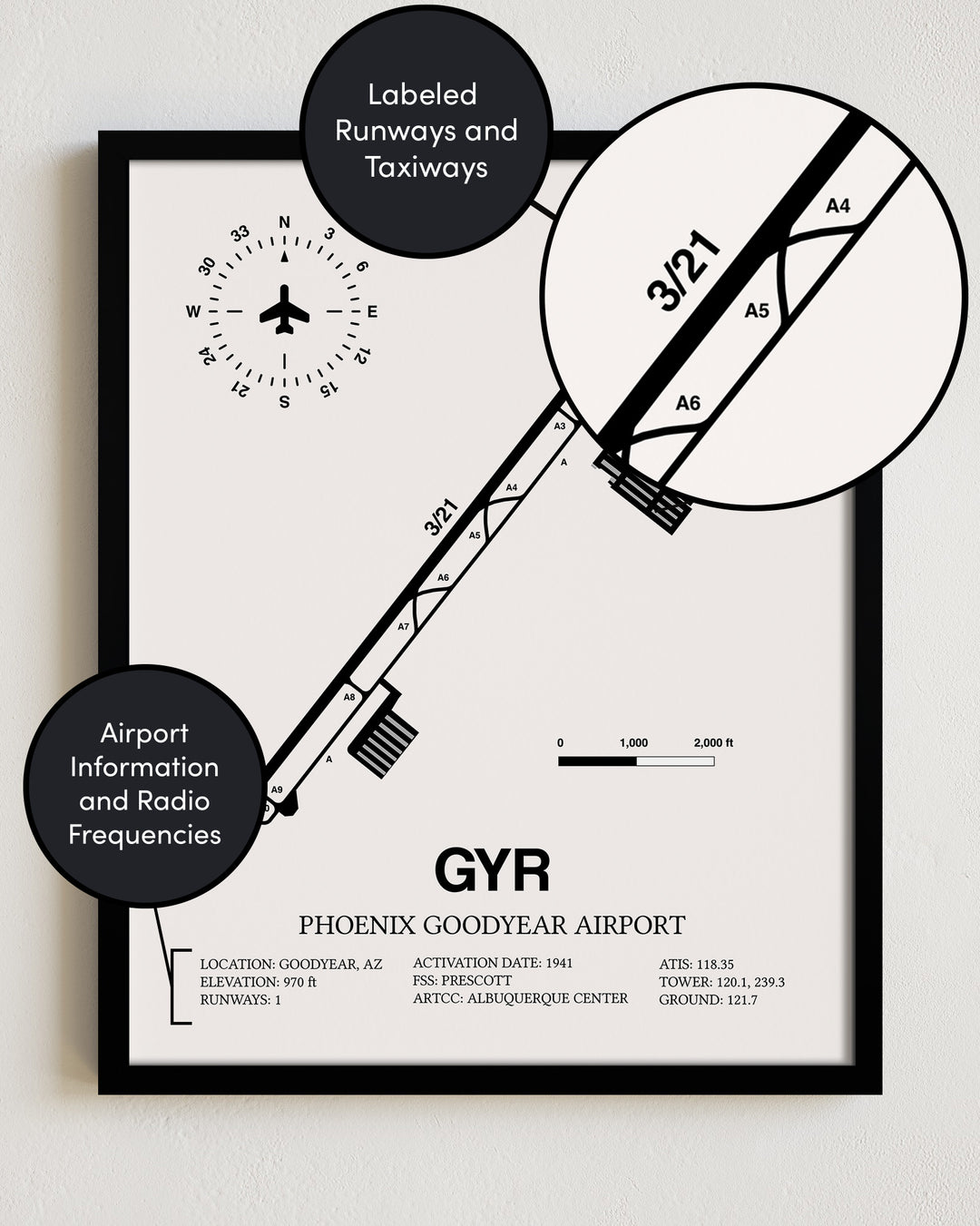 Framed Detailed Airport Map of Phoenix Goodyear Airport (GYR) in White with a Black Frame