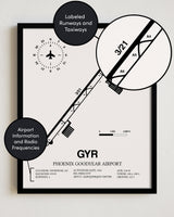 Framed Detailed Airport Map of Phoenix Goodyear Airport (GYR) in White with a Black Frame