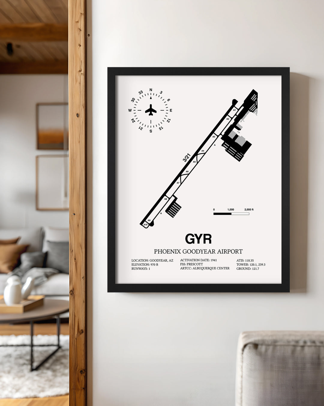Framed Detailed Airport Map of Phoenix Goodyear Airport (GYR) in White with a Black Frame