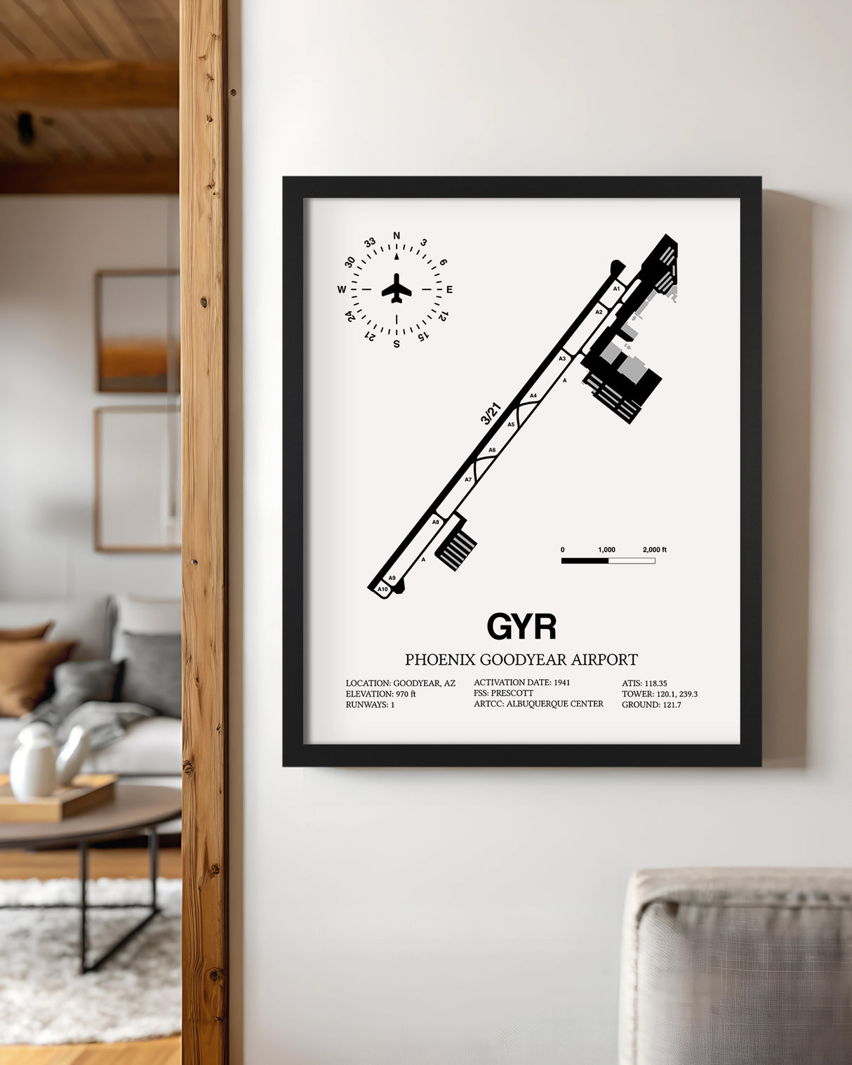 Framed Detailed Airport Map of Phoenix Goodyear Airport (GYR) in White with a Black Frame