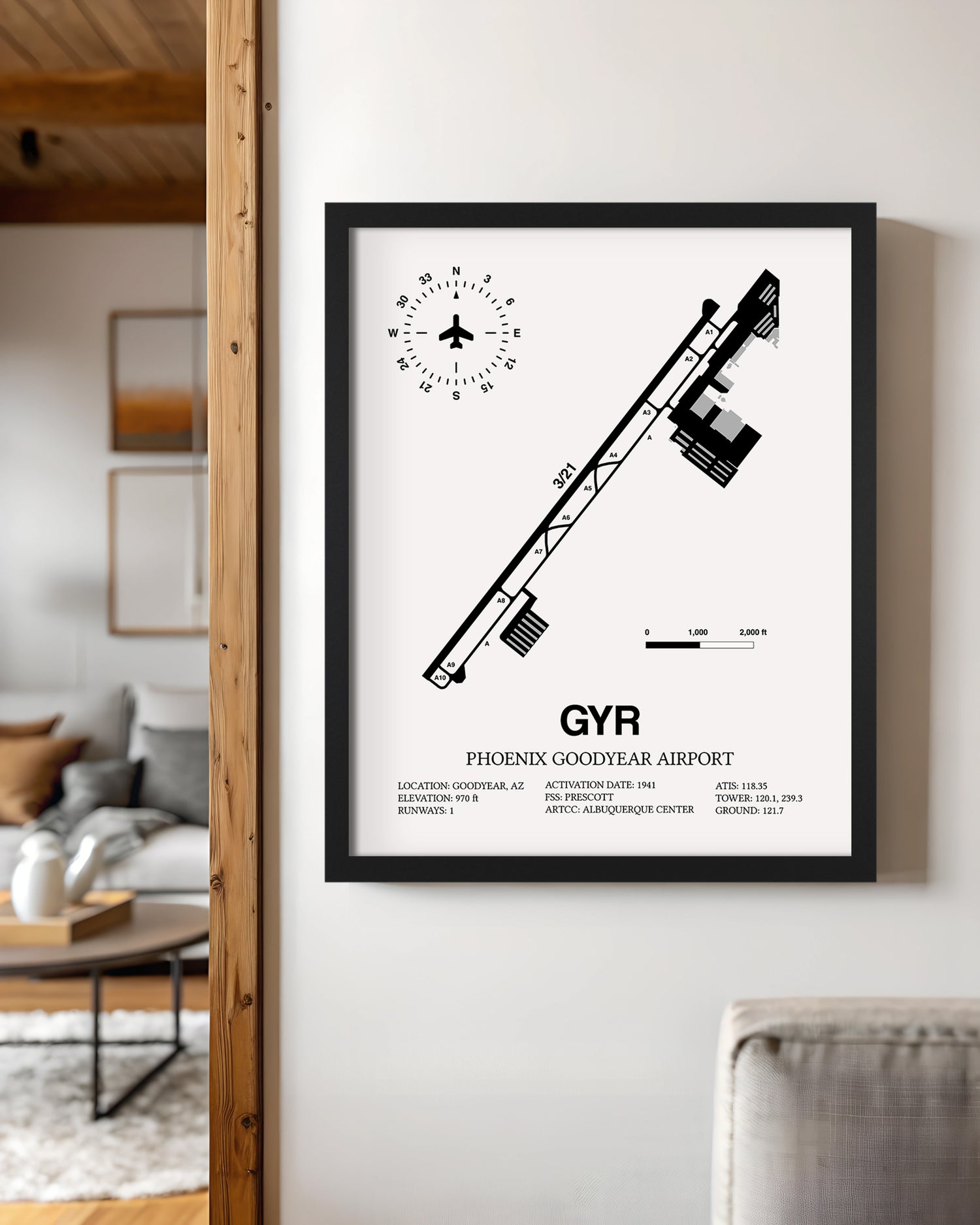 Framed Detailed Airport Map of Phoenix Goodyear Airport (GYR) in White with a Black Frame