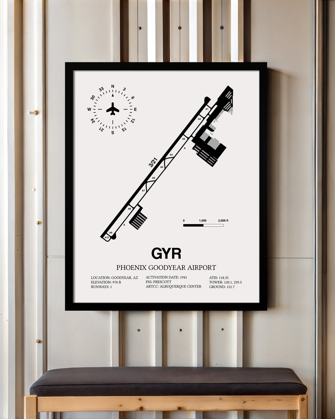 Framed Detailed Airport Map of Phoenix Goodyear Airport (GYR) in White with a Black Frame