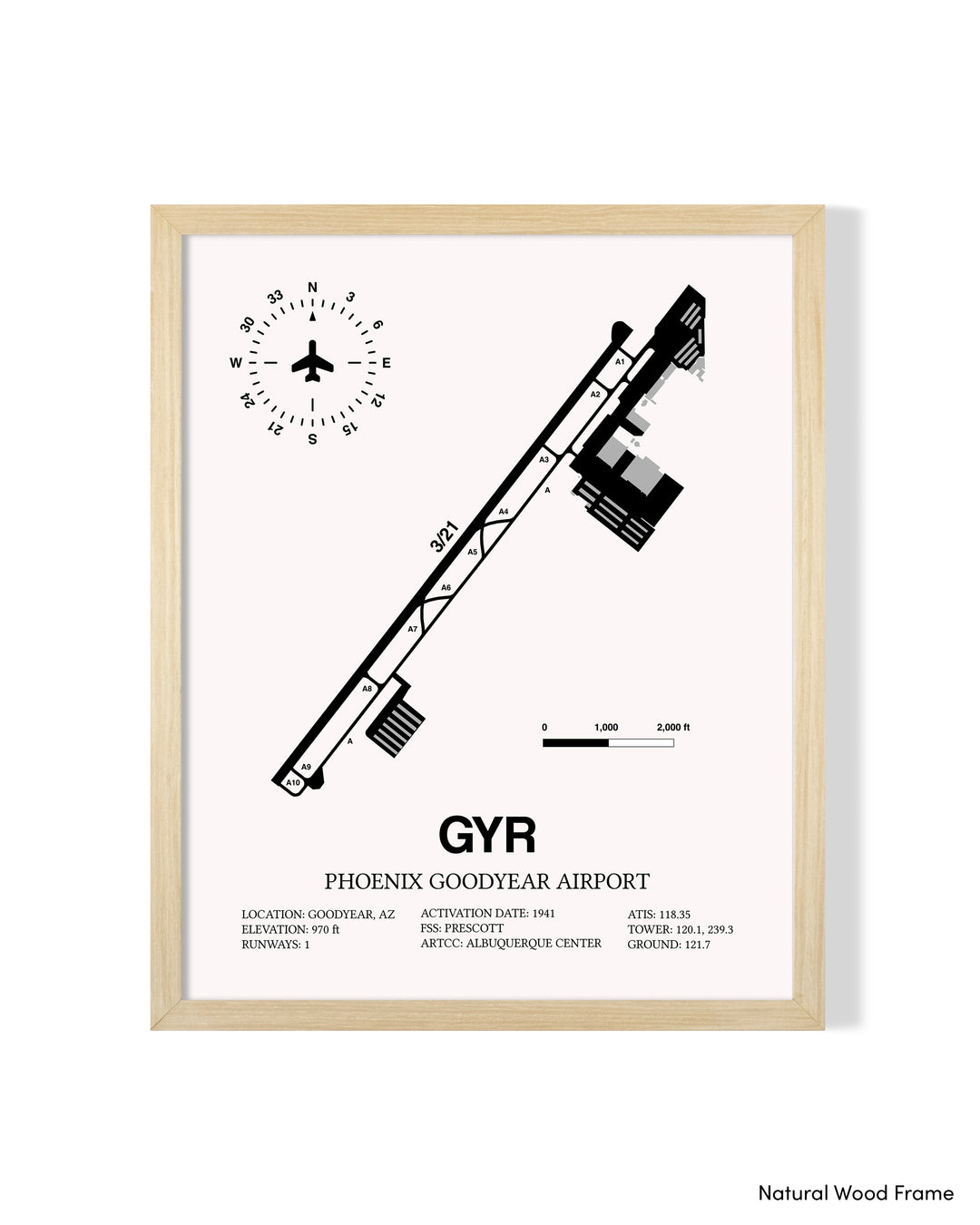Detailed Airport Map of Phoenix Goodyear Airport (GYR) in White with a Natural Frame