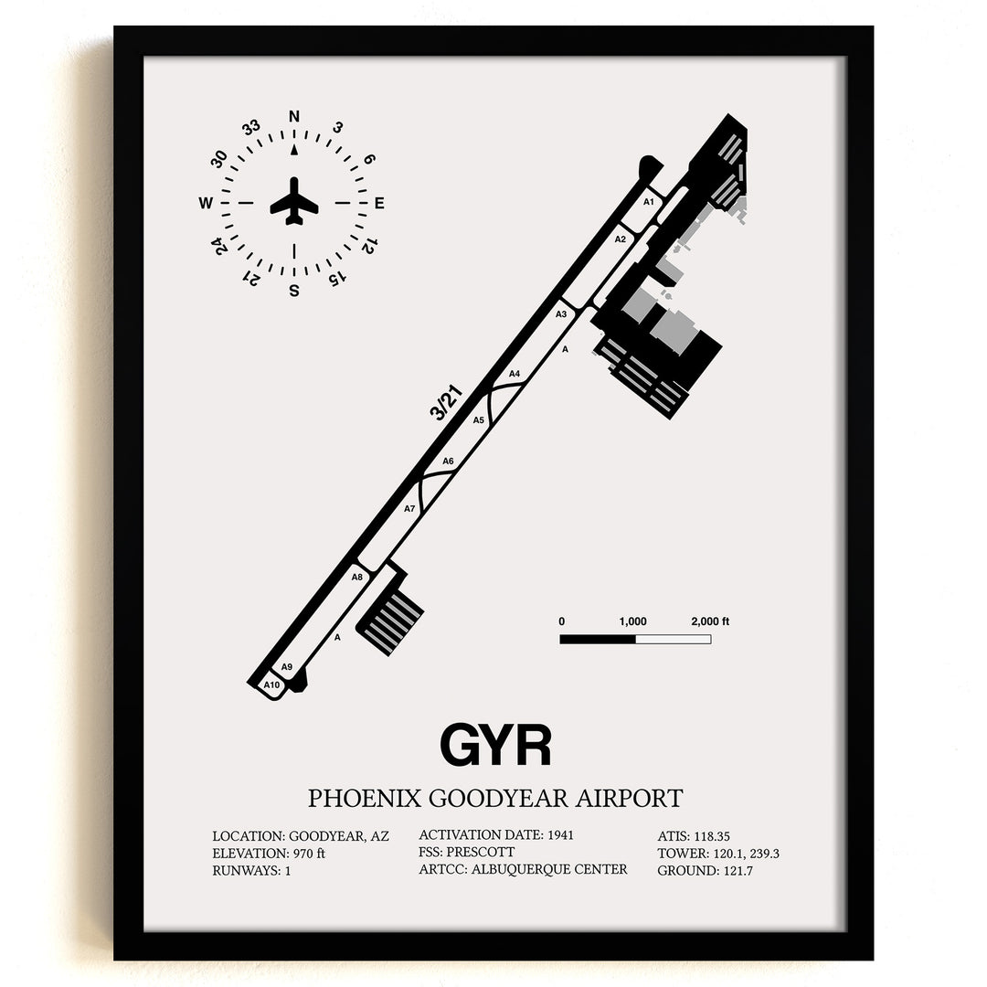 Framed Detailed Airport Map of Phoenix Goodyear Airport (GYR) in White with a Black Frame
