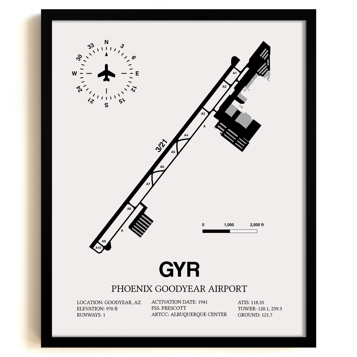 Framed Detailed Airport Map of Phoenix Goodyear Airport (GYR) in White with a Black Frame