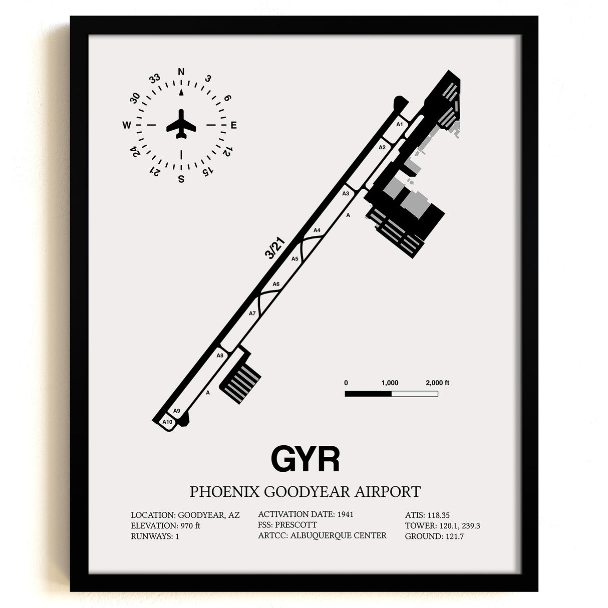 Framed Detailed Airport Map of Phoenix Goodyear Airport (GYR) in White with a Black Frame