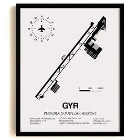 Framed Detailed Airport Map of Phoenix Goodyear Airport (GYR) in White with a Black Frame
