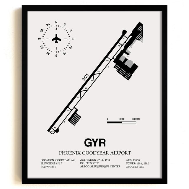 Framed Detailed Airport Map of Phoenix Goodyear Airport (GYR) in White with a Black Frame