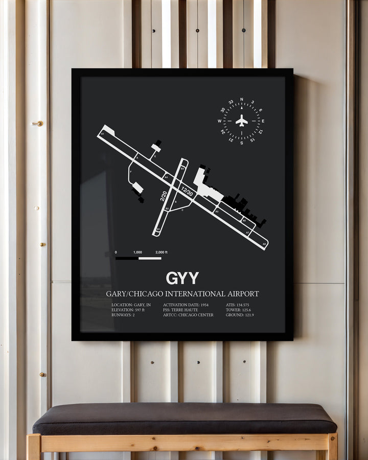 Framed Detailed Airport Map of Gary/Chicago International Airport (GYY) in Gray with a Black Frame