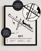 Framed Detailed Airport Map of Gary/Chicago International Airport (GYY) in White with a Black Frame