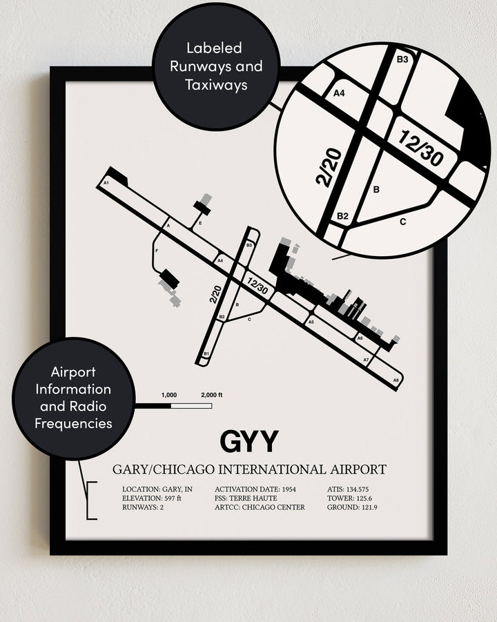 Framed Detailed Airport Map of Gary/Chicago International Airport (GYY) in White with a Black Frame