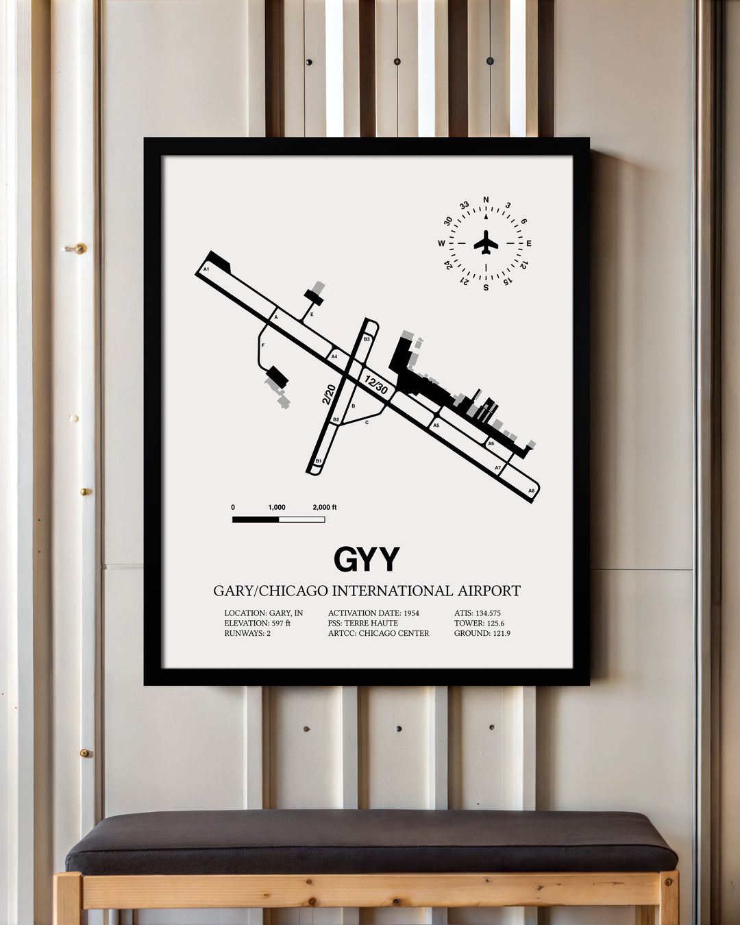 Framed Detailed Airport Map of Gary/Chicago International Airport (GYY) in White with a Black Frame