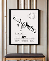 Framed Detailed Airport Map of Gary/Chicago International Airport (GYY) in White with a Black Frame