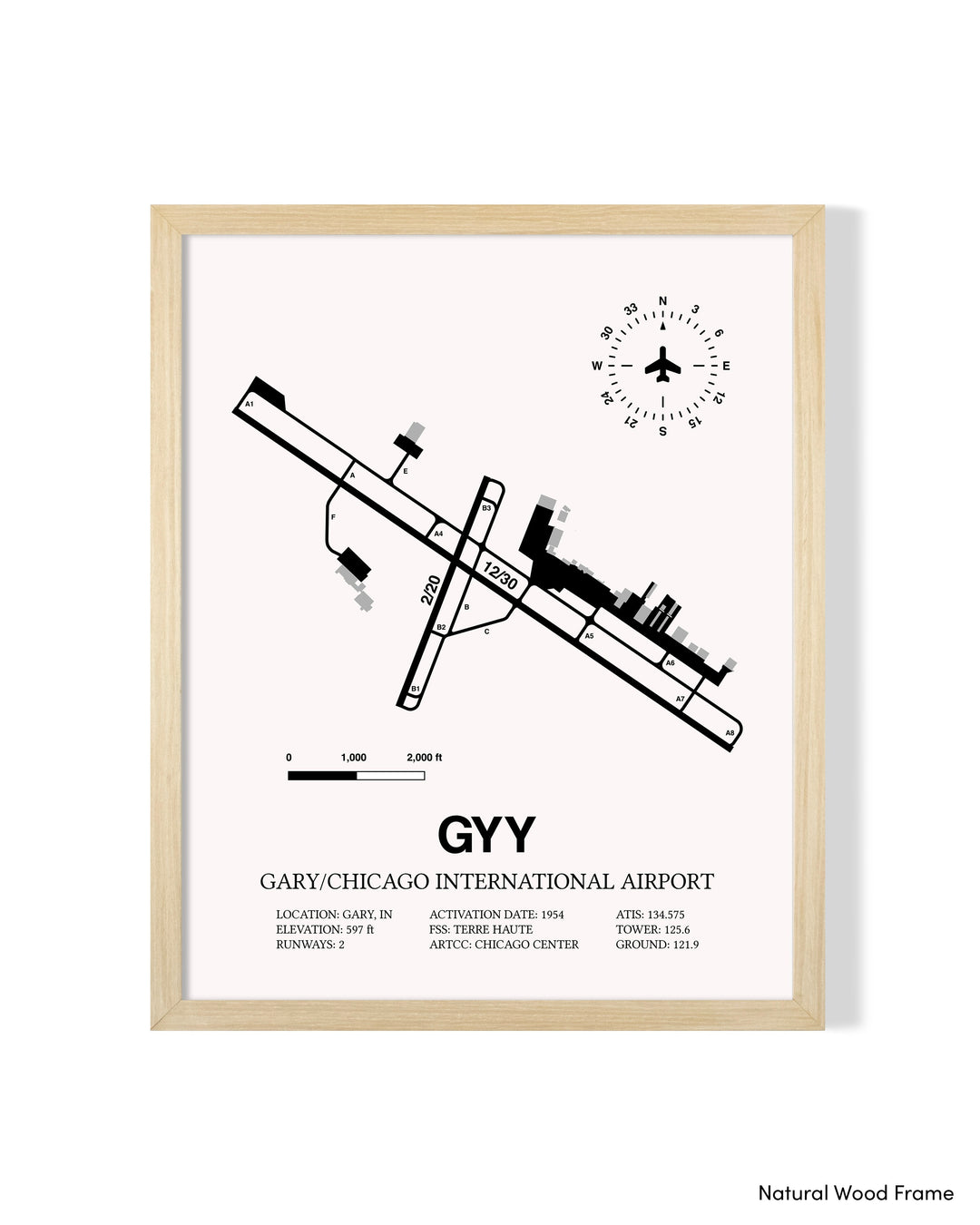 Detailed Airport Map of Gary/Chicago International Airport (GYY) in White with a Natural Frame