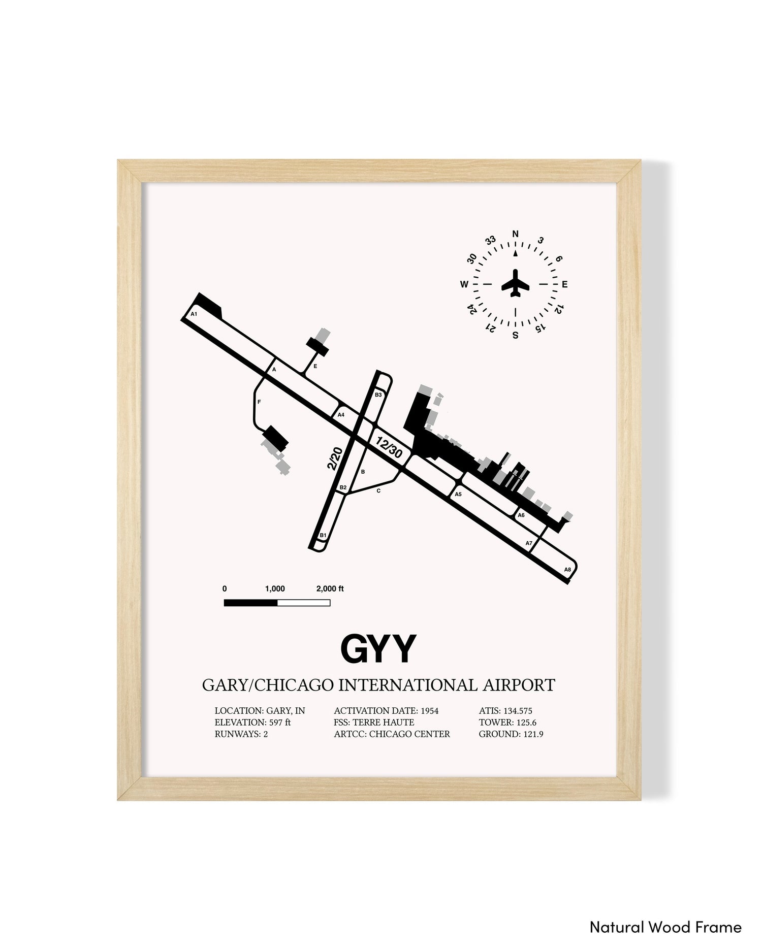 Detailed Airport Map of Gary/Chicago International Airport (GYY) in White with a Natural Frame