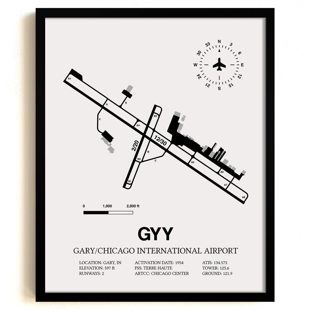 Framed Detailed Airport Map of Gary/Chicago International Airport (GYY) in White with a Black Frame