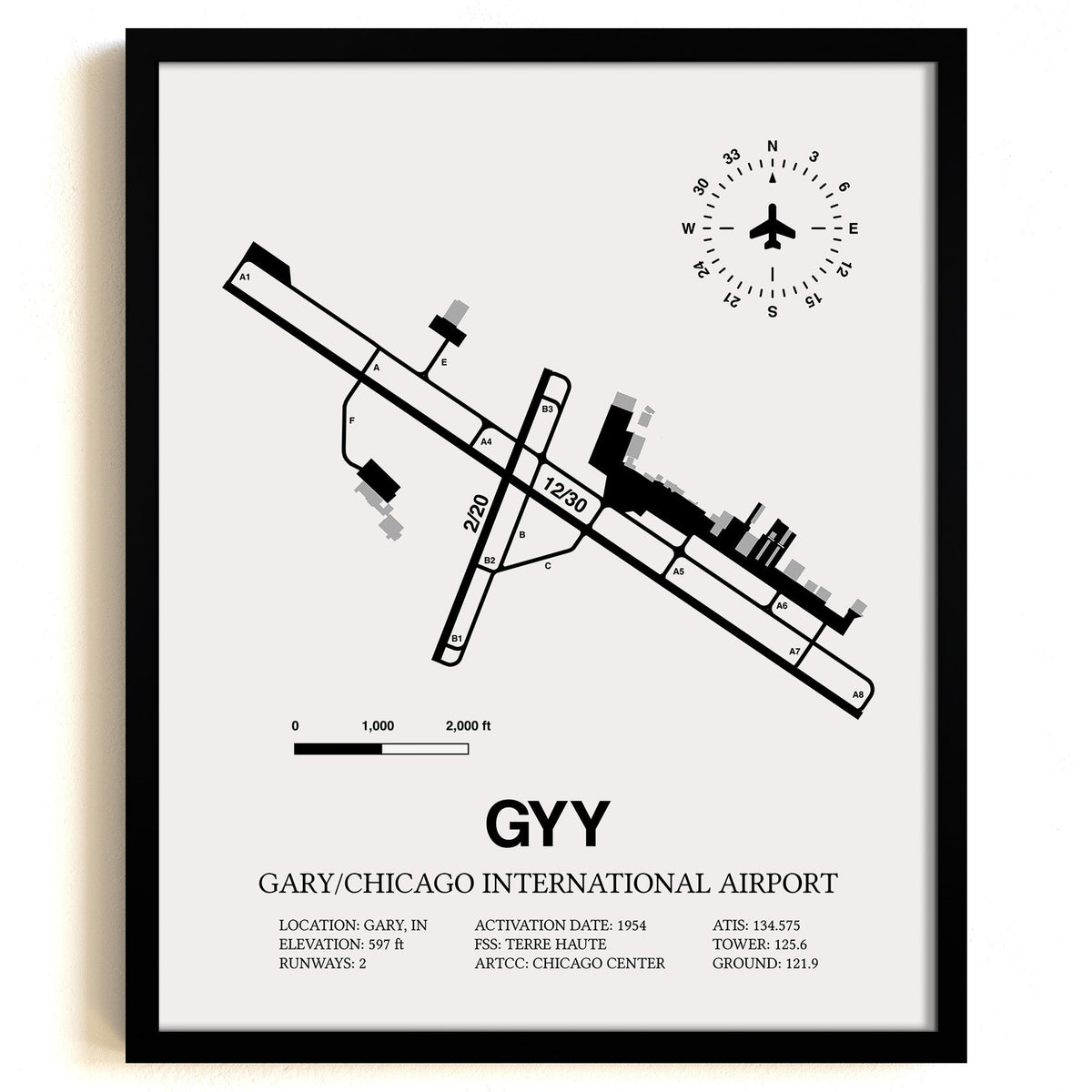Framed Detailed Airport Map of Gary/Chicago International Airport (GYY) in White with a Black Frame