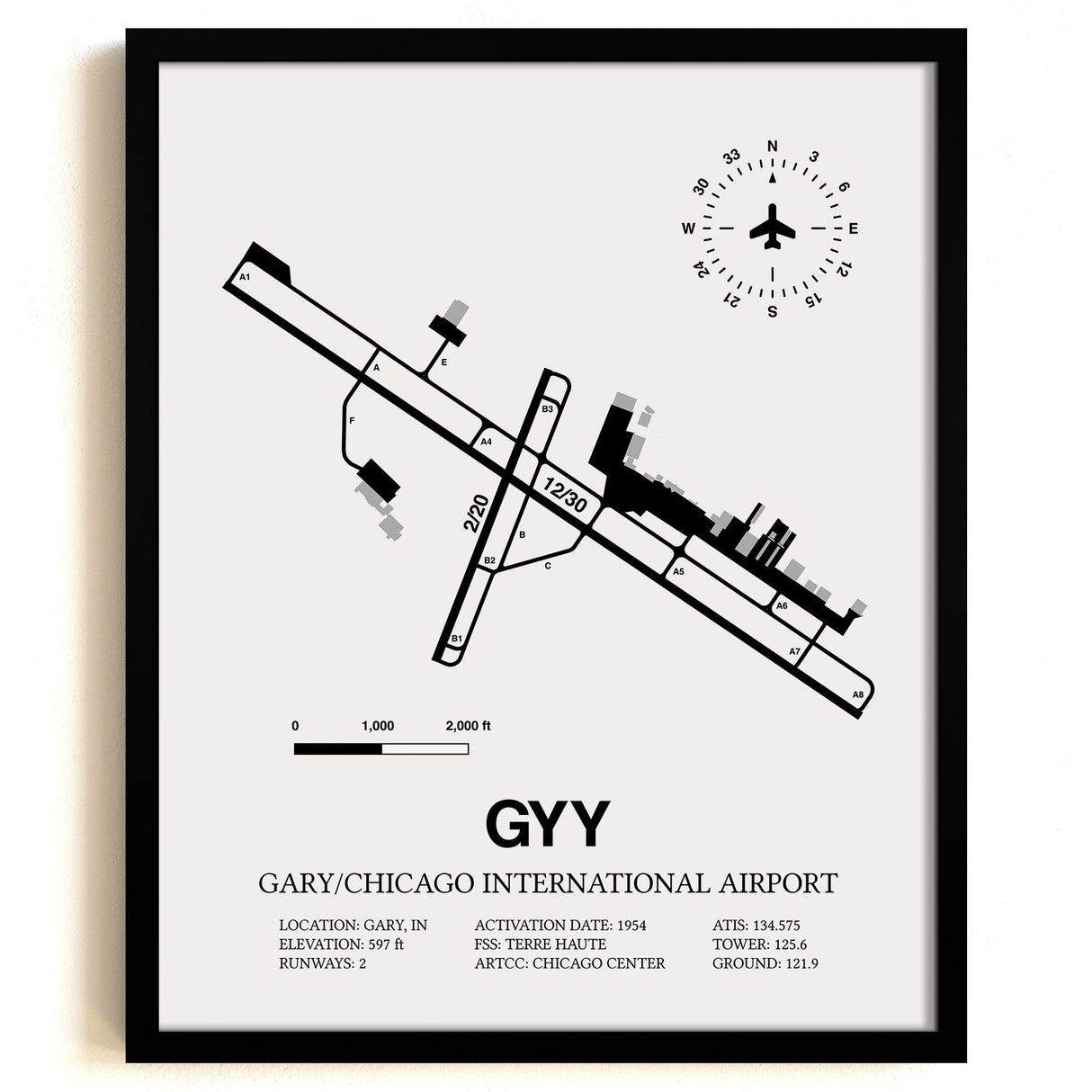 Framed Detailed Airport Map of Gary/Chicago International Airport (GYY) in White with a Black Frame
