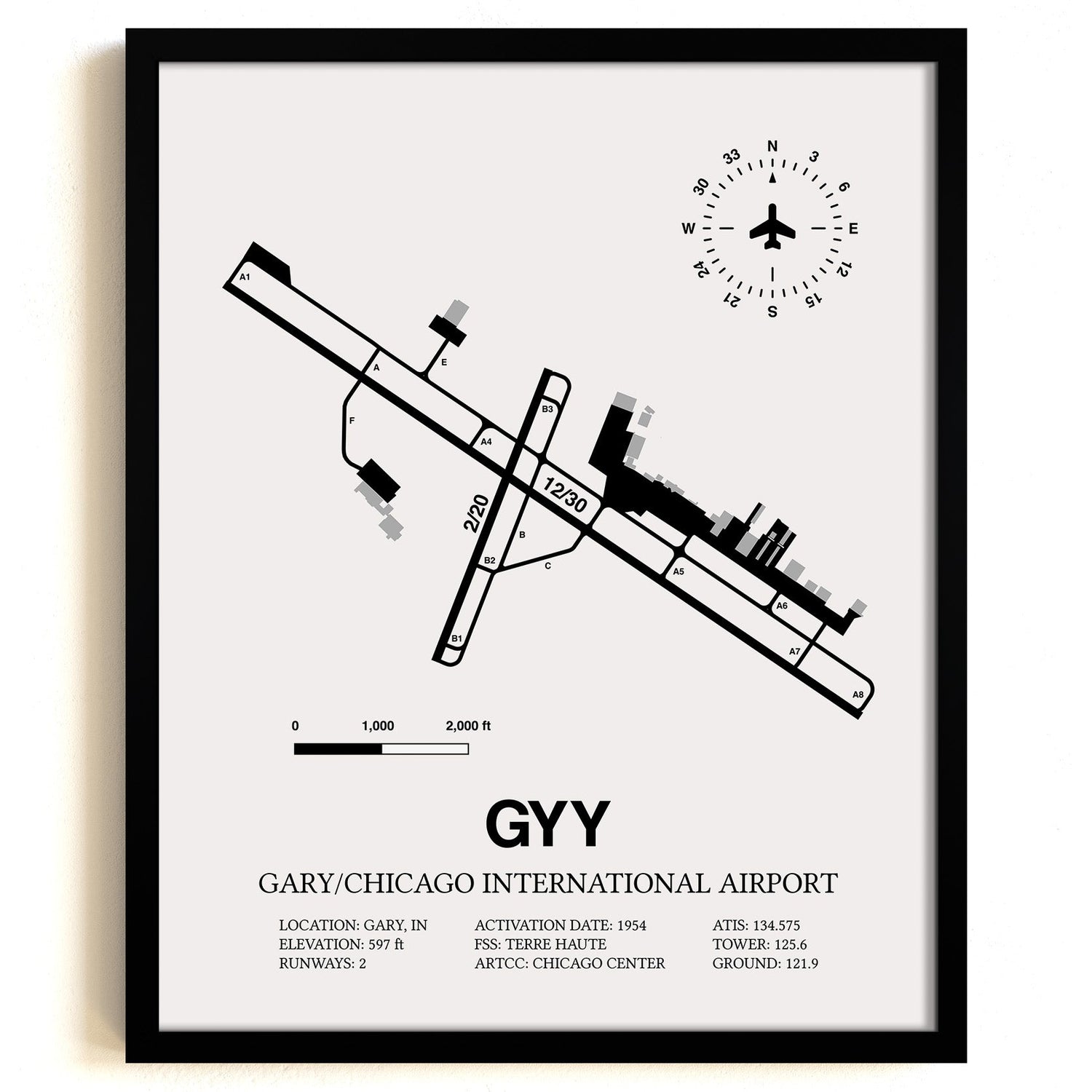Framed Detailed Airport Map of Gary/Chicago International Airport (GYY) in White with a Black Frame