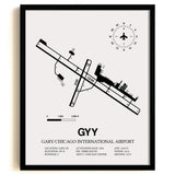 Framed Detailed Airport Map of Gary/Chicago International Airport (GYY) in White with a Black Frame