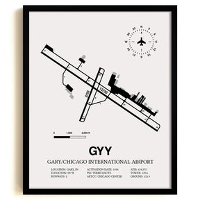 Framed Detailed Airport Map of Gary/Chicago International Airport (GYY) in White with a Black Frame