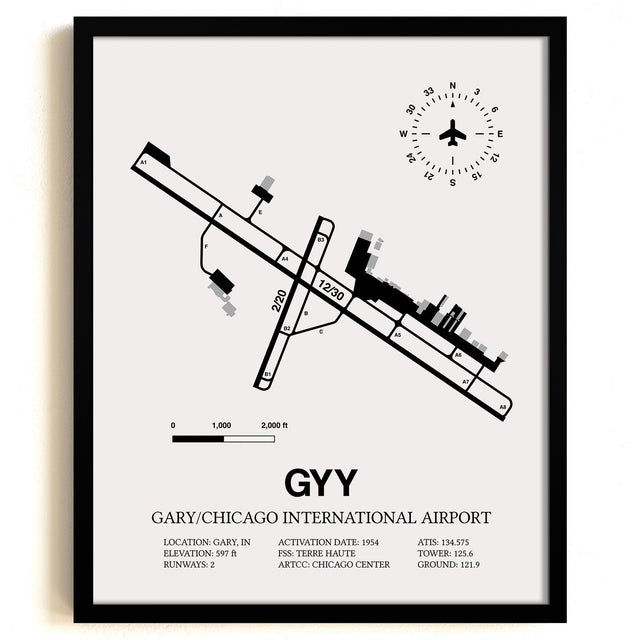 Framed Detailed Airport Map of Gary/Chicago International Airport (GYY) in White with a Black Frame