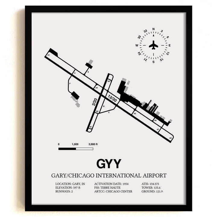 Framed Detailed Airport Map of Gary/Chicago International Airport (GYY) in White with a Black Frame
