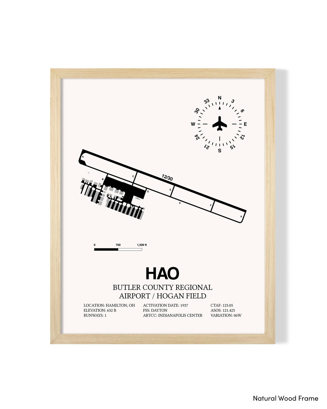Detailed Airport Map of Butler County Regional Airport/Hogan Field (HAO) in White with a Natural Frame