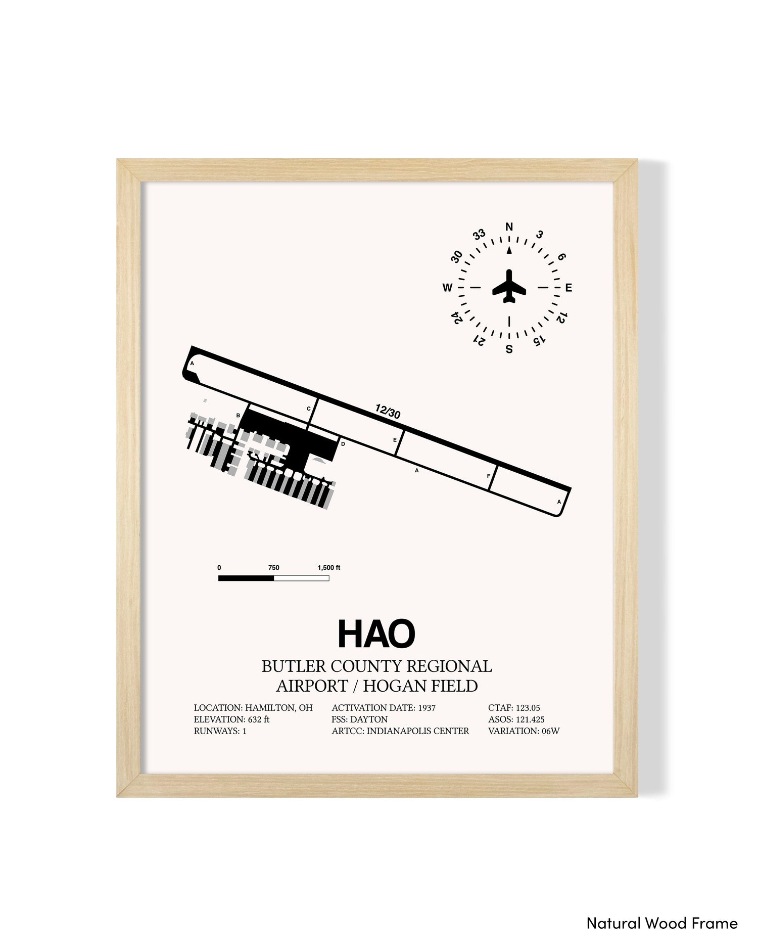 Detailed Airport Map of Butler County Regional Airport/Hogan Field (HAO) in White with a Natural Frame