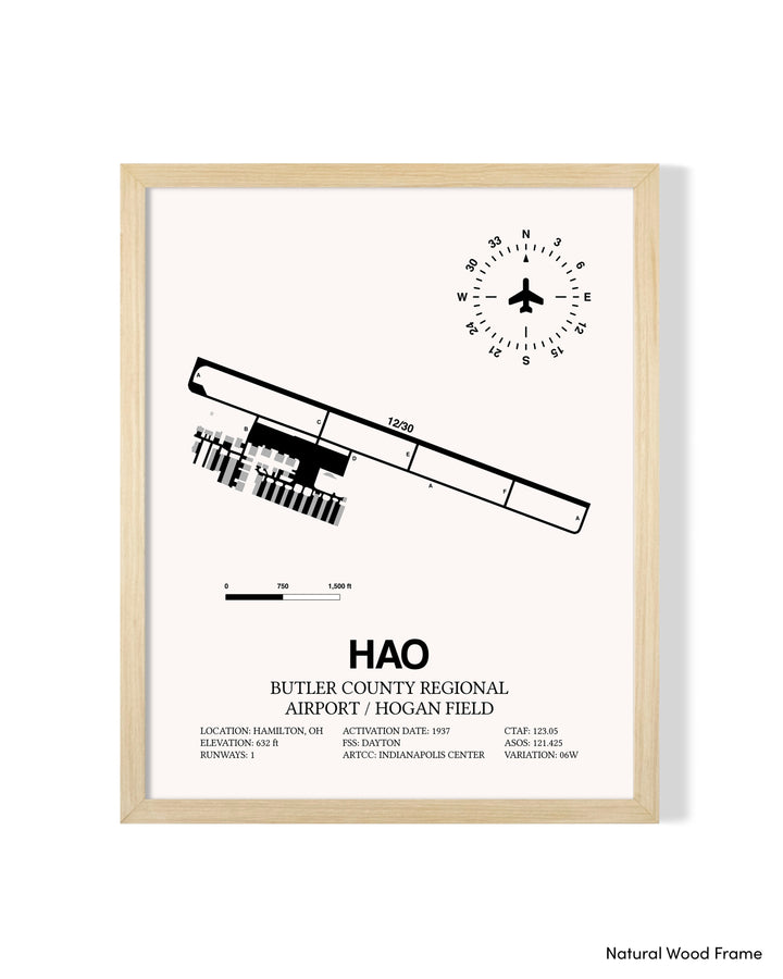 Detailed Airport Map of Butler County Regional Airport/Hogan Field (HAO) in White with a Natural Frame