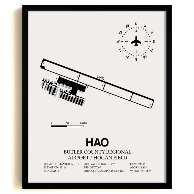 Framed Detailed Airport Map of Butler County Regional Airport/Hogan Field (HAO) in White with a Black Frame