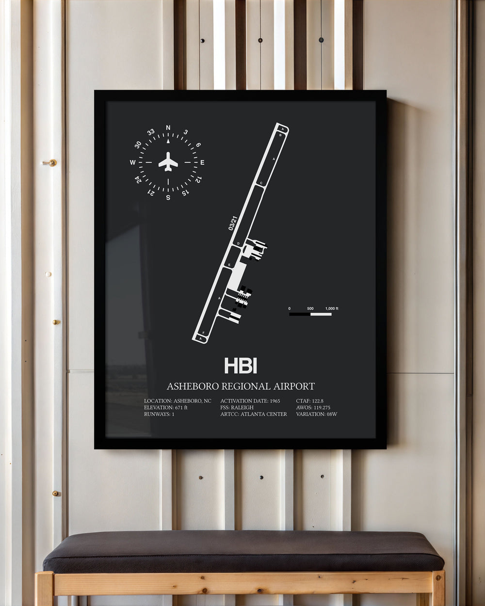 Framed Detailed Airport Map of Asheboro Regional Airport (HBI) in Gray with a Black Frame