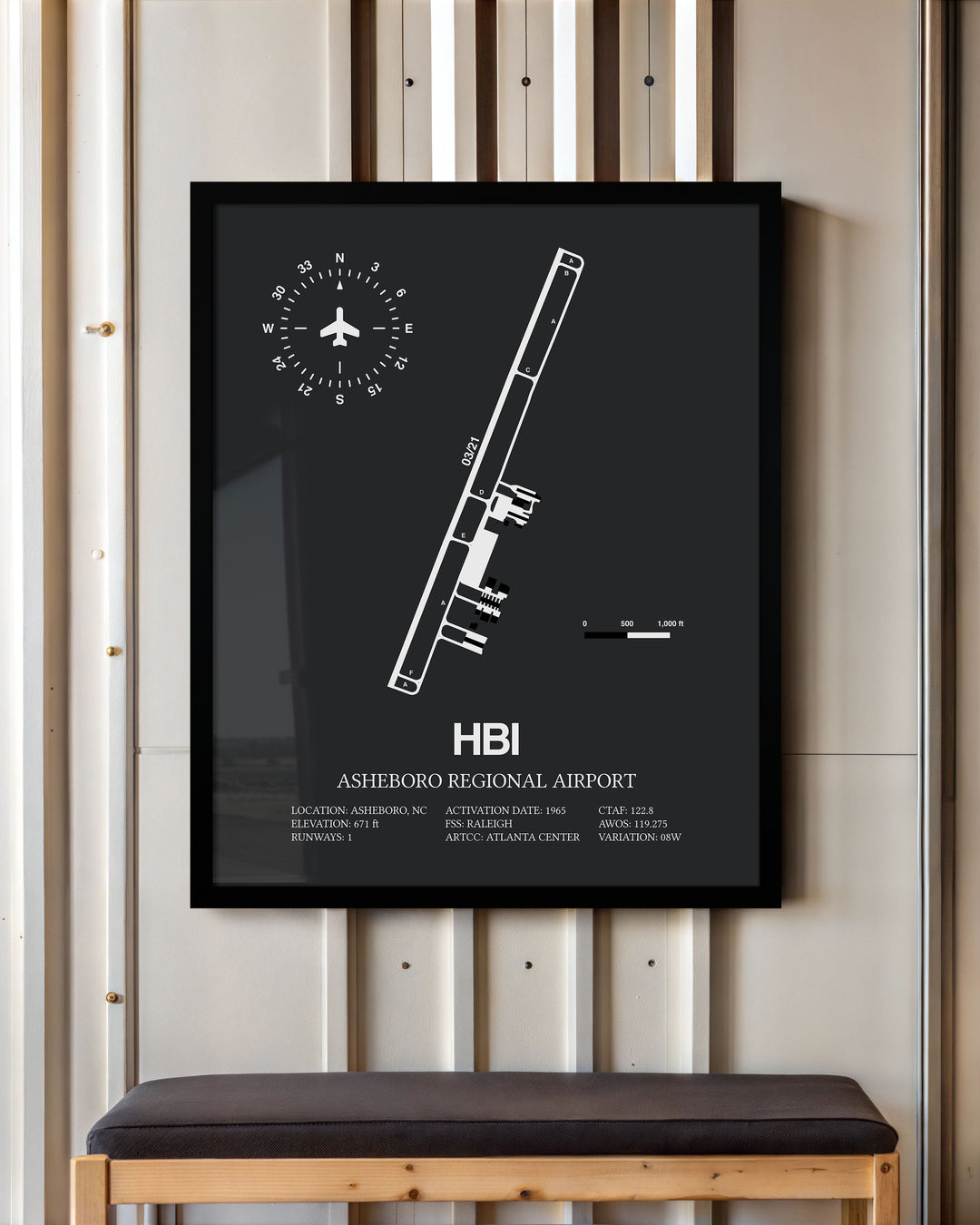 Framed Detailed Airport Map of Asheboro Regional Airport (HBI) in Gray with a Black Frame