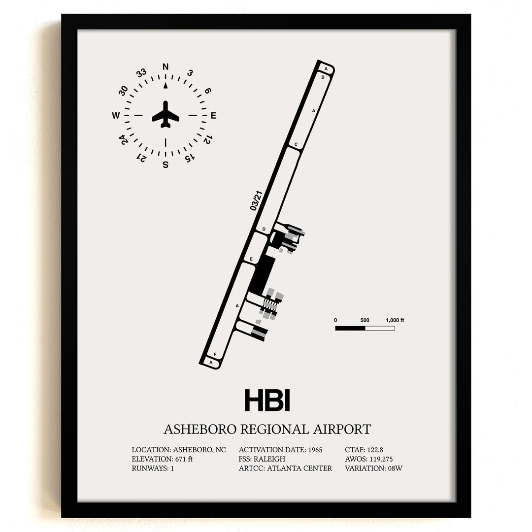 Framed Detailed Airport Map of Asheboro Regional Airport (HBI) in White with a Black Frame