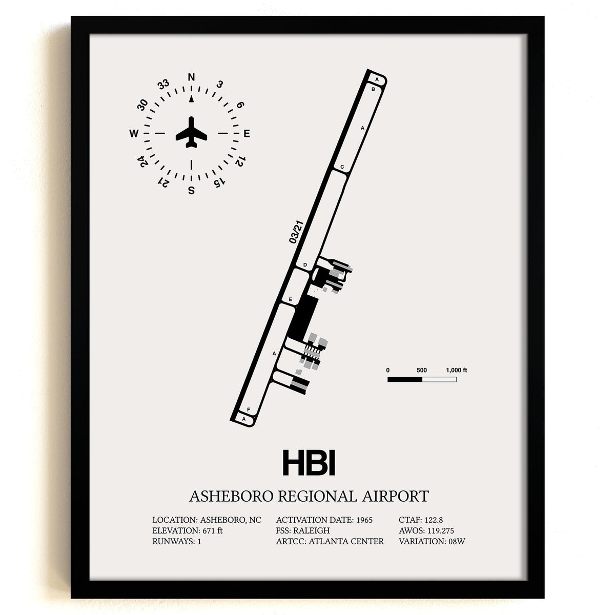 Framed Detailed Airport Map of Asheboro Regional Airport (HBI) in White with a Black Frame