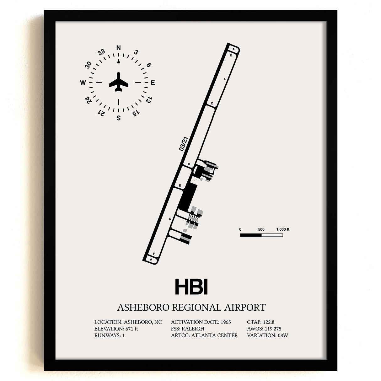 Framed Detailed Airport Map of Asheboro Regional Airport (HBI) in White with a Black Frame