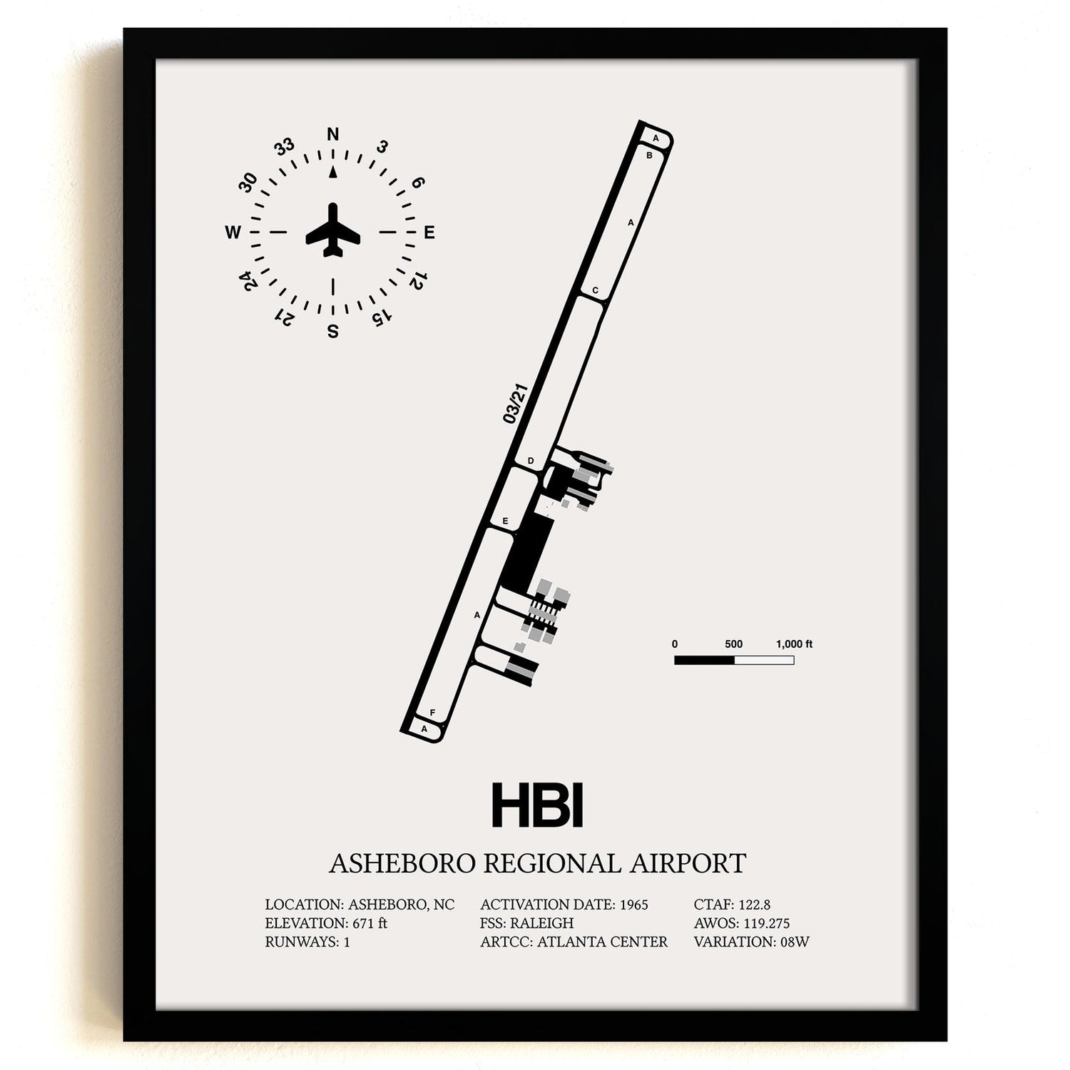 Framed Detailed Airport Map of Asheboro Regional Airport (HBI) in White with a Black Frame