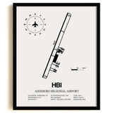 Framed Detailed Airport Map of Asheboro Regional Airport (HBI) in White with a Black Frame