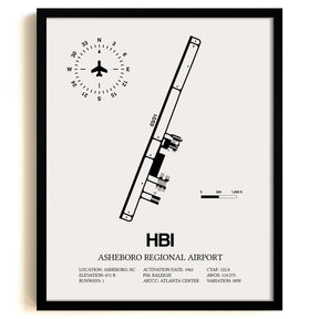 Framed Detailed Airport Map of Asheboro Regional Airport (HBI) in White with a Black Frame