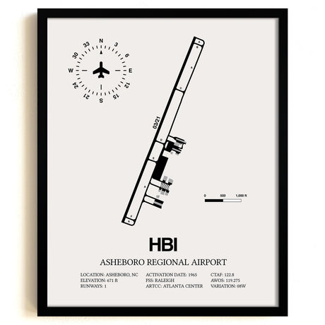 Framed Detailed Airport Map of Asheboro Regional Airport (HBI) in White with a Black Frame