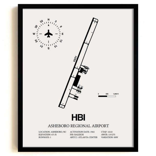 Framed Detailed Airport Map of Asheboro Regional Airport (HBI) in White with a Black Frame