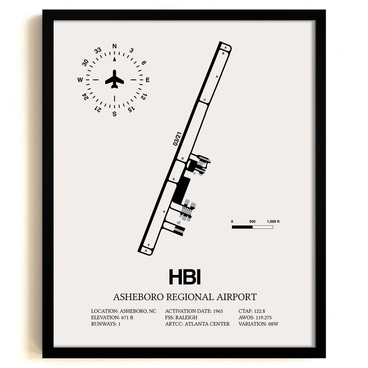 Framed Detailed Airport Map of Asheboro Regional Airport (HBI) in White with a Black Frame