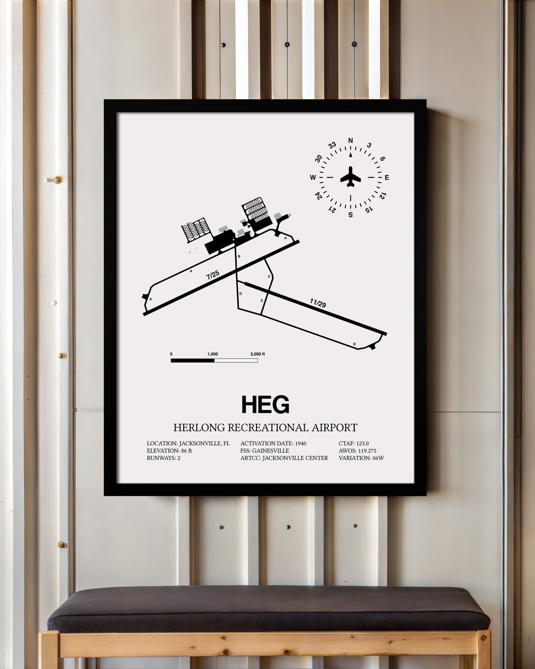 Framed Detailed Airport Map of Herlong Recreational Airport (HEG) in White with a Black Frame