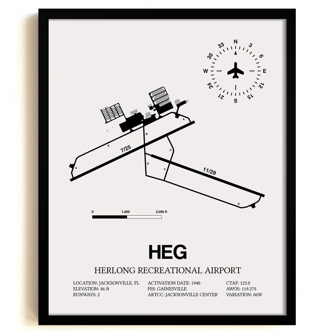 Framed Detailed Airport Map of Herlong Recreational Airport (HEG) in White with a Black Frame
