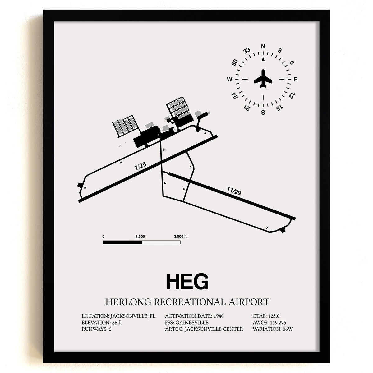 Framed Detailed Airport Map of Herlong Recreational Airport (HEG) in White with a Black Frame