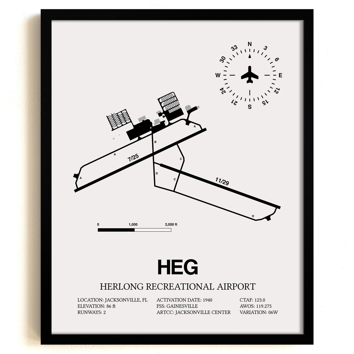 Framed Detailed Airport Map of Herlong Recreational Airport (HEG) in White with a Black Frame