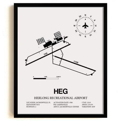 Framed Detailed Airport Map of Herlong Recreational Airport (HEG) in White with a Black Frame