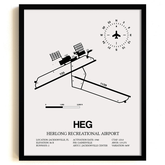 Framed Detailed Airport Map of Herlong Recreational Airport (HEG) in White with a Black Frame